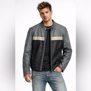 Guess Faux Leather Moto Biker Jacket Gray & Black Men’s Large Zip Button Y2K